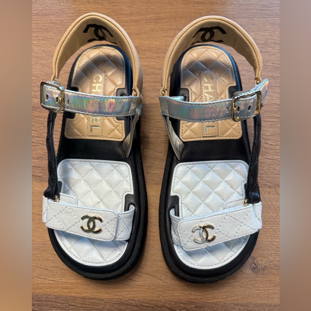 Gold, beige, black and silver Chanel sandals